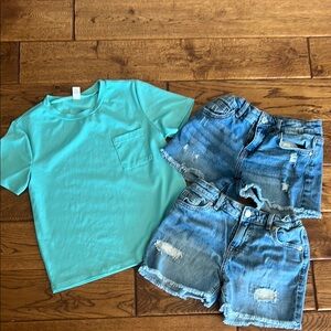 SHEIN Turquoise Kids Tee size 11/12 bundled with 2 Jean shorts 10/12